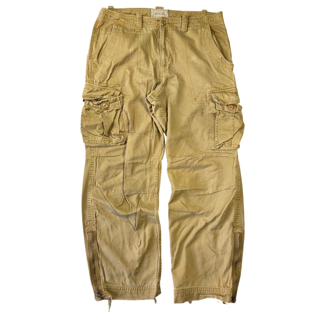 Vintage No Boundaries Mens Cargo Pant Tan Ankle Zip Cotton 36x34 Grunge Baggy